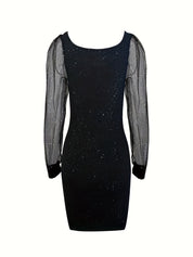 Bodycon Cocktail Dress for Women Midi with Glitter and Sheer Sleeves