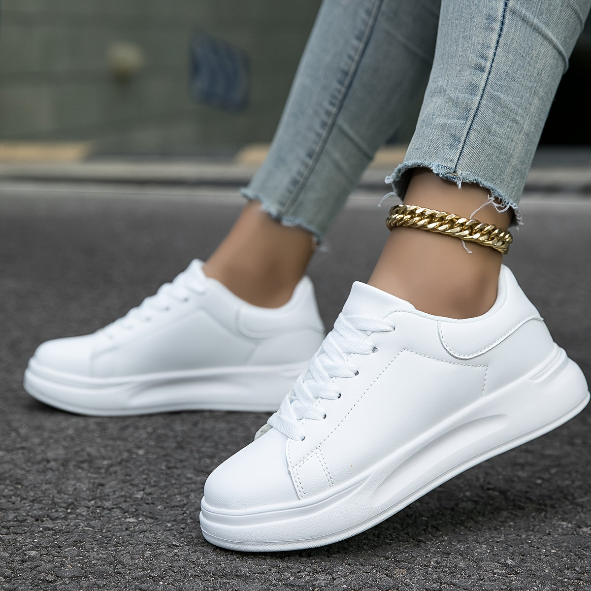 Minimalist White Sneakers With Thick Sole For Women