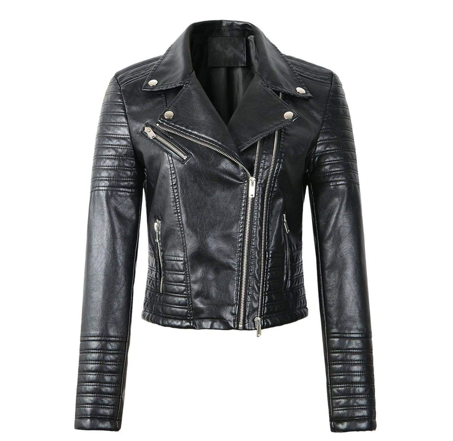 Black Leather Women's Jacket with Zip Pockets