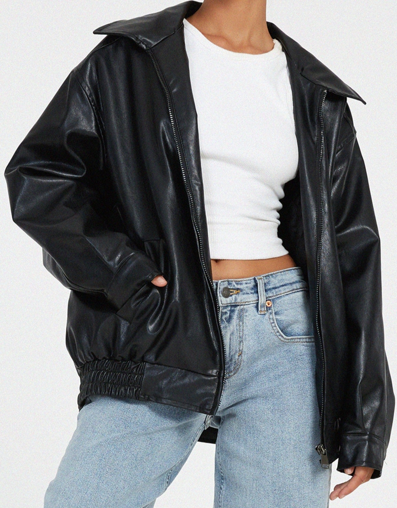 Oversized Women's Leather Jacket with Zipper