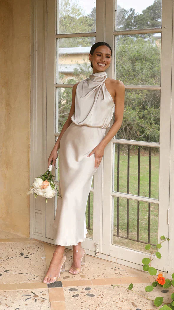 Satin Midi Gala Dress with Halter Neck and Open Back