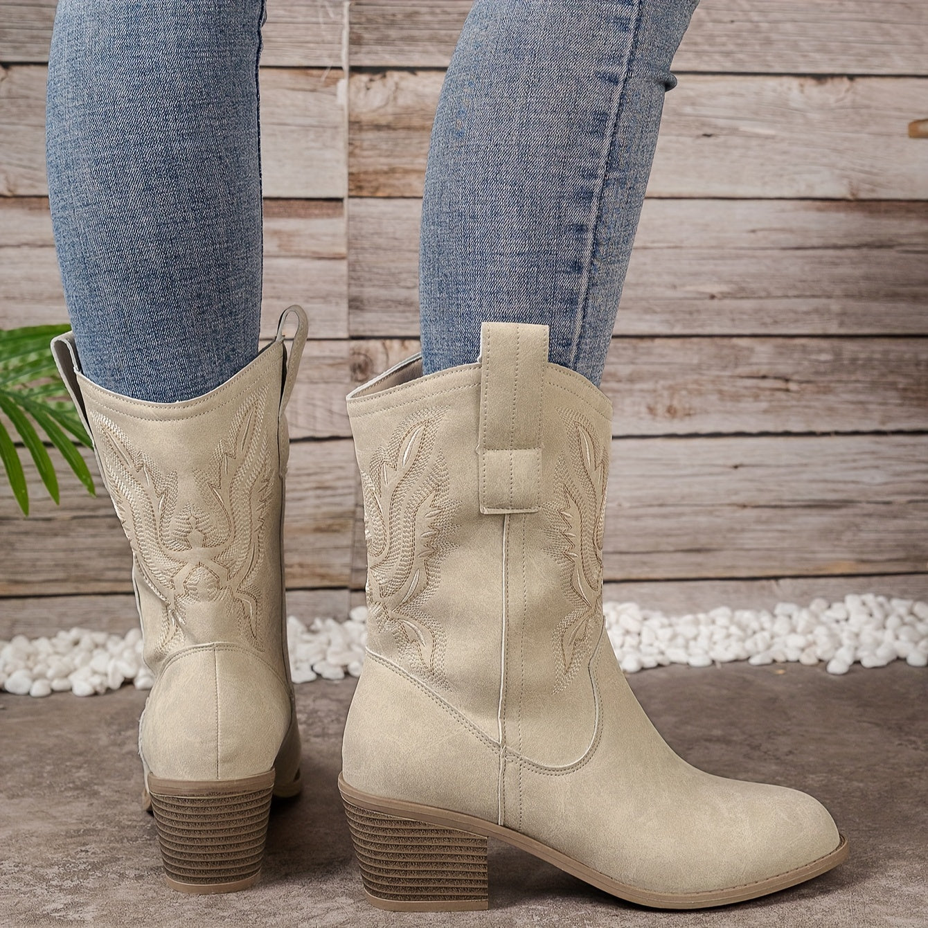 Women's Beige Western Cowboy Boots Mid-Calf With Block Heel And Side Zipper