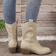 Women's Beige Western Cowboy Boots Mid-Calf With Block Heel And Side Zipper