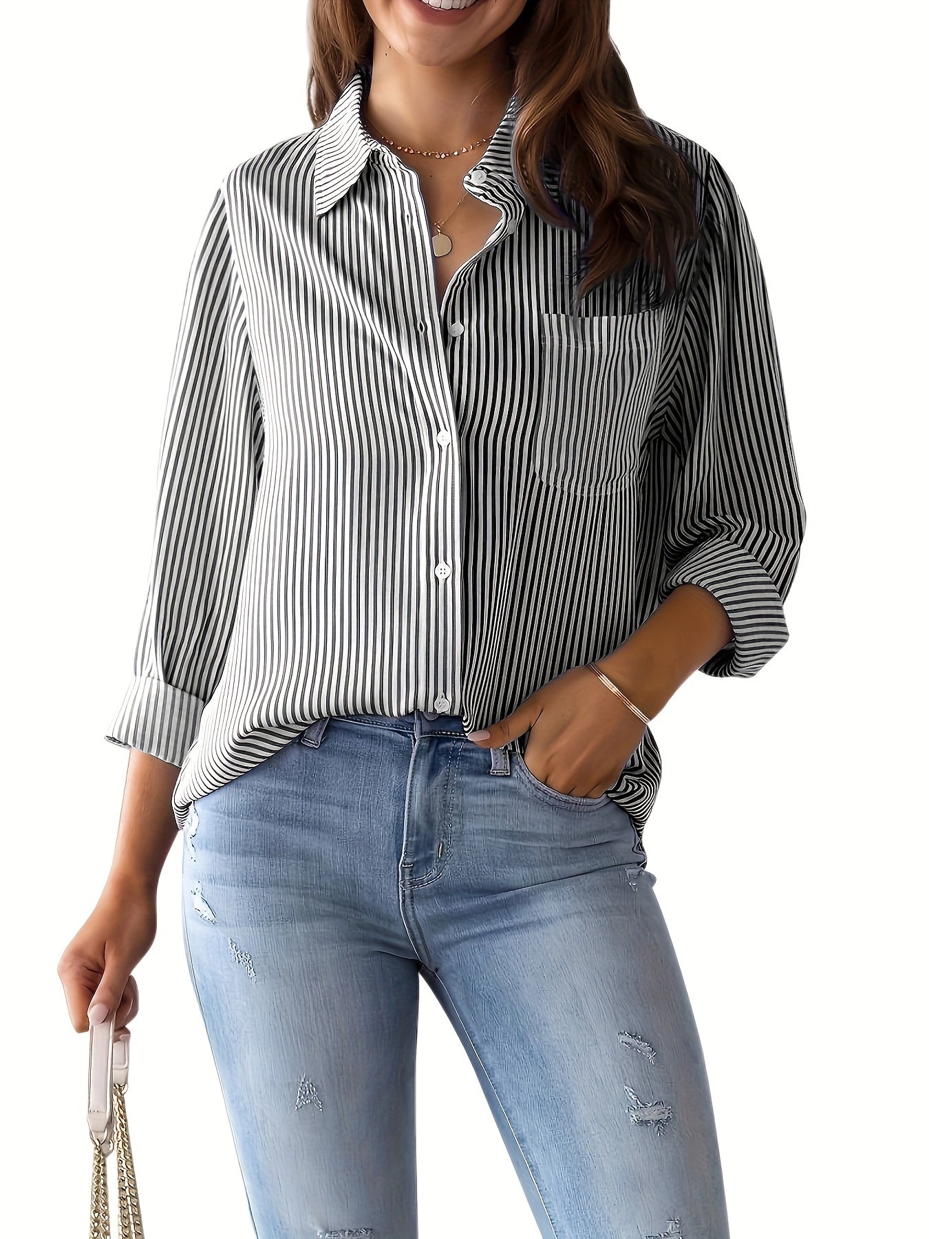 Chic Women's Striped Blouse with Collar and Button Closure