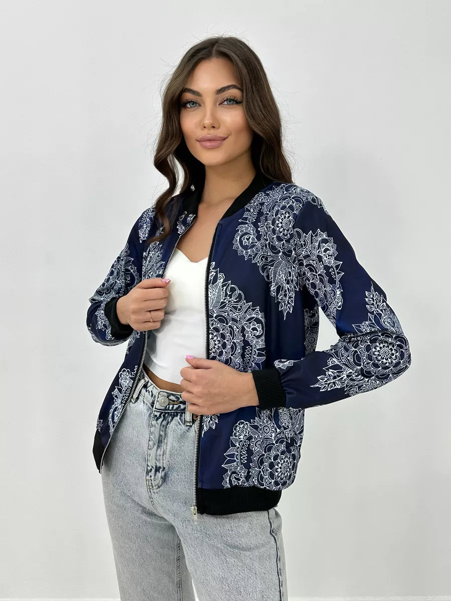 Women's Lightweight Bomber Jacket with Zipper and Graphic Print