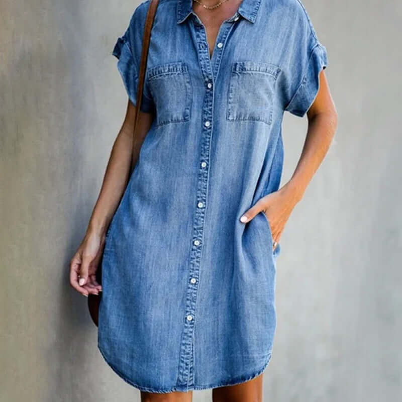 Denim Shirt Dress for Women with Short Sleeves and Pockets