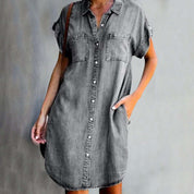 Denim Shirt Dress for Women with Short Sleeves and Pockets