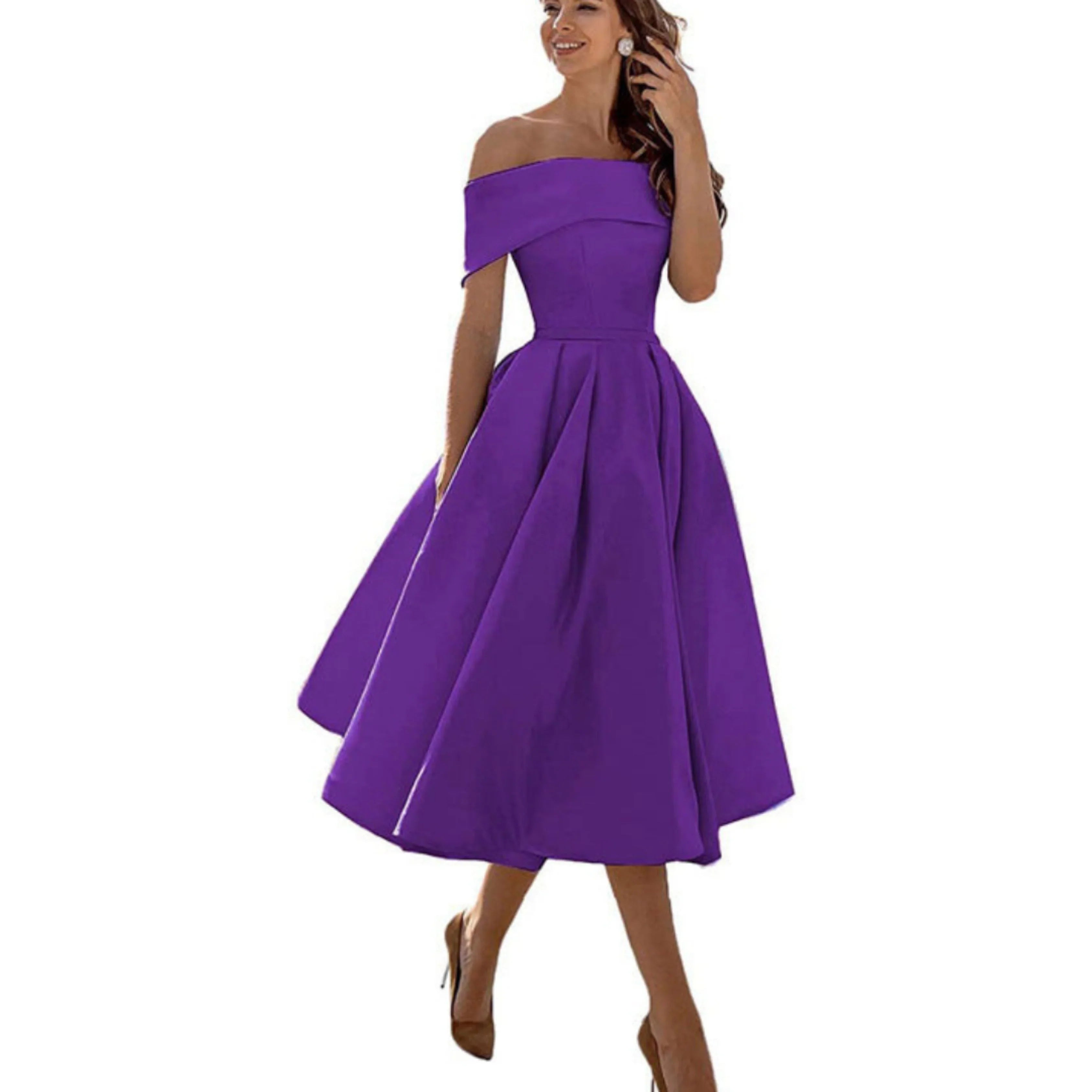 Off-Shoulder Evening Dress for Women with Midi Skirt