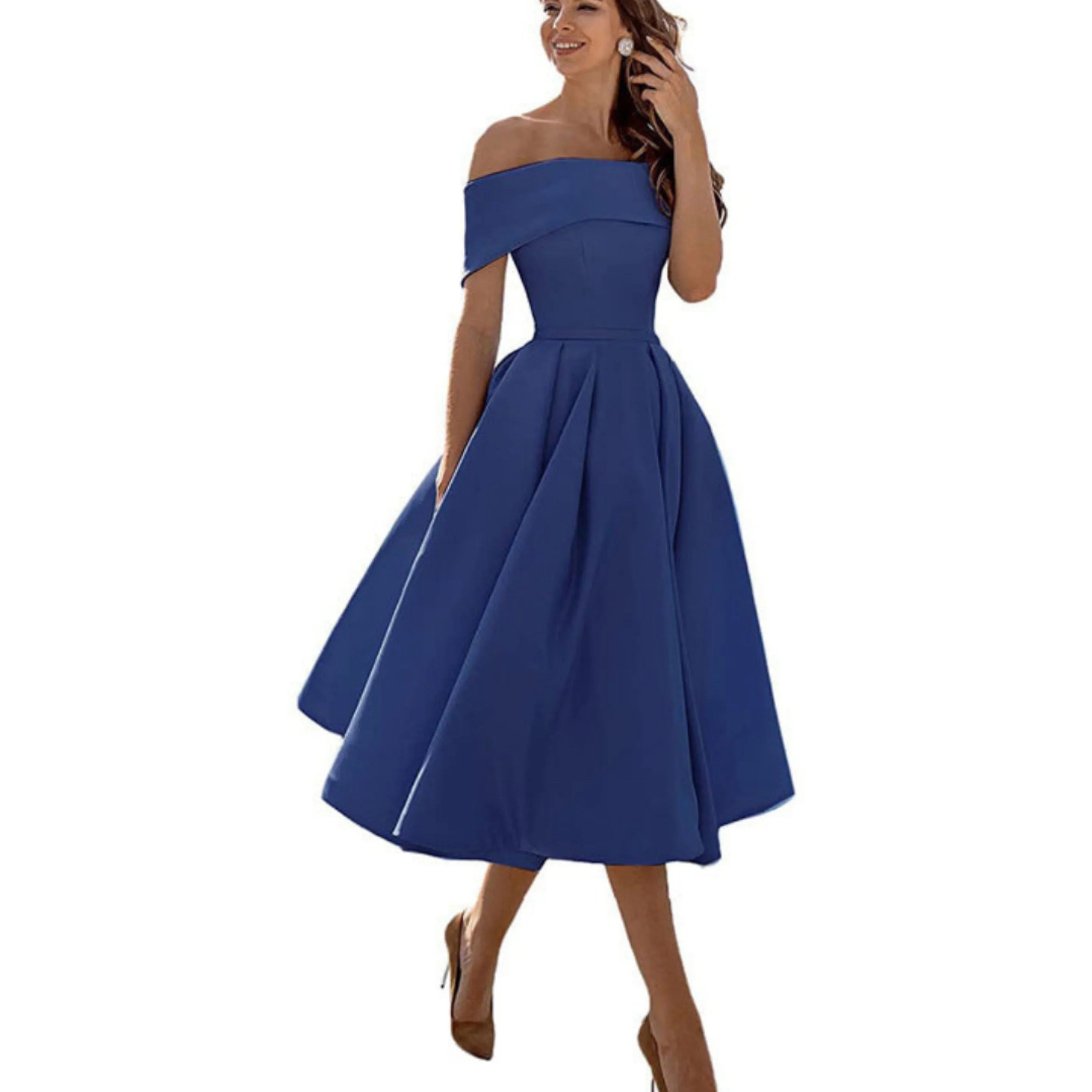 Off-Shoulder Evening Dress for Women with Midi Skirt
