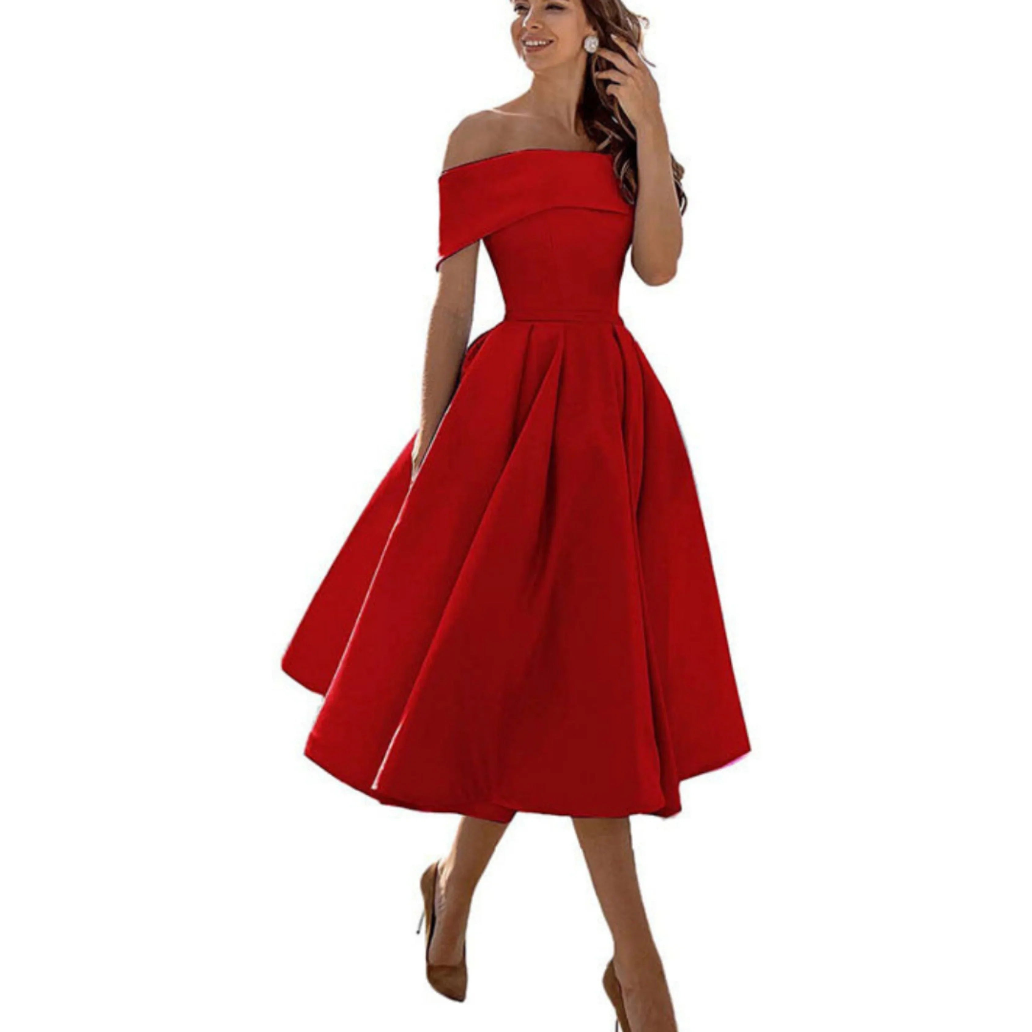 Off-Shoulder Evening Dress for Women with Midi Skirt
