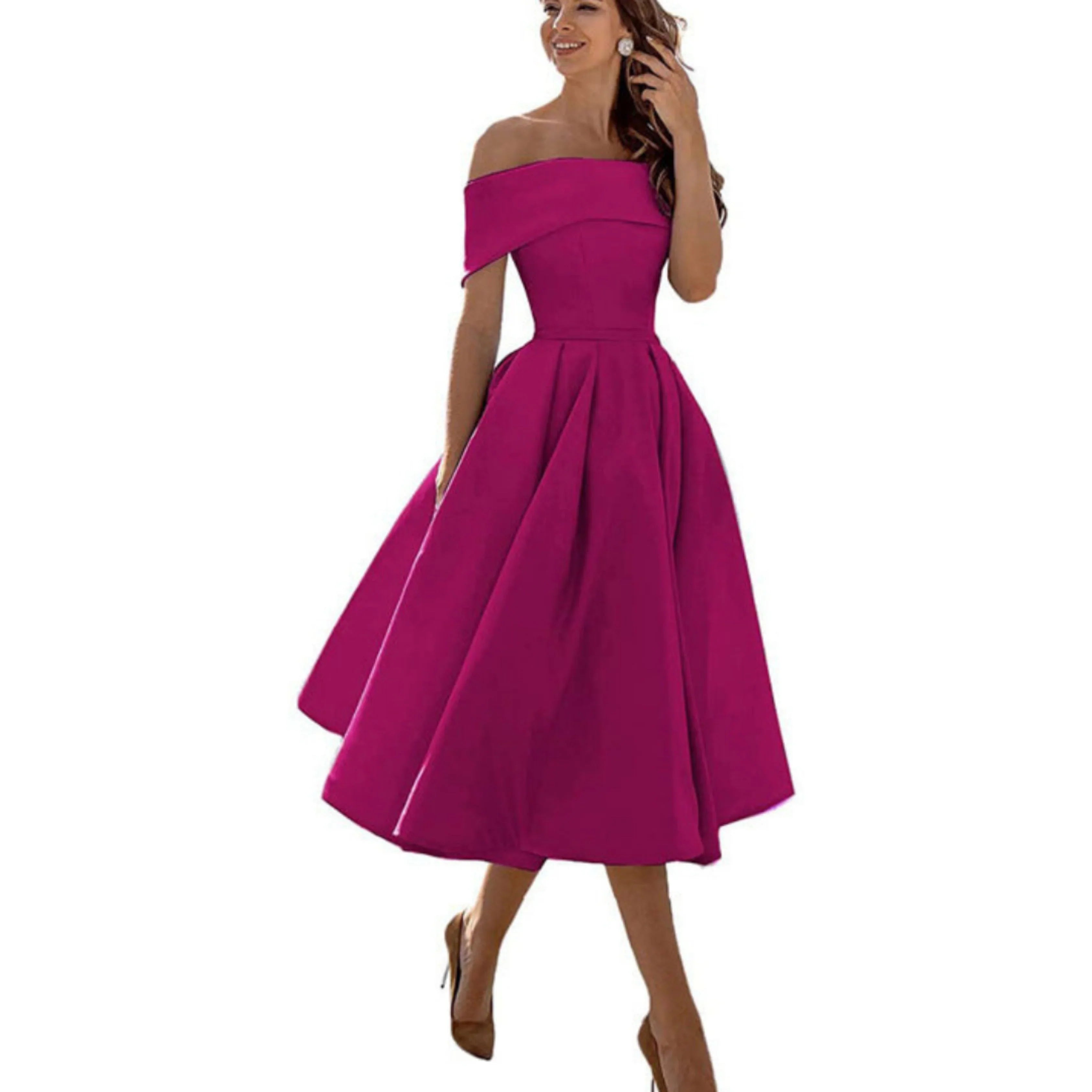 Off-Shoulder Evening Dress for Women with Midi Skirt