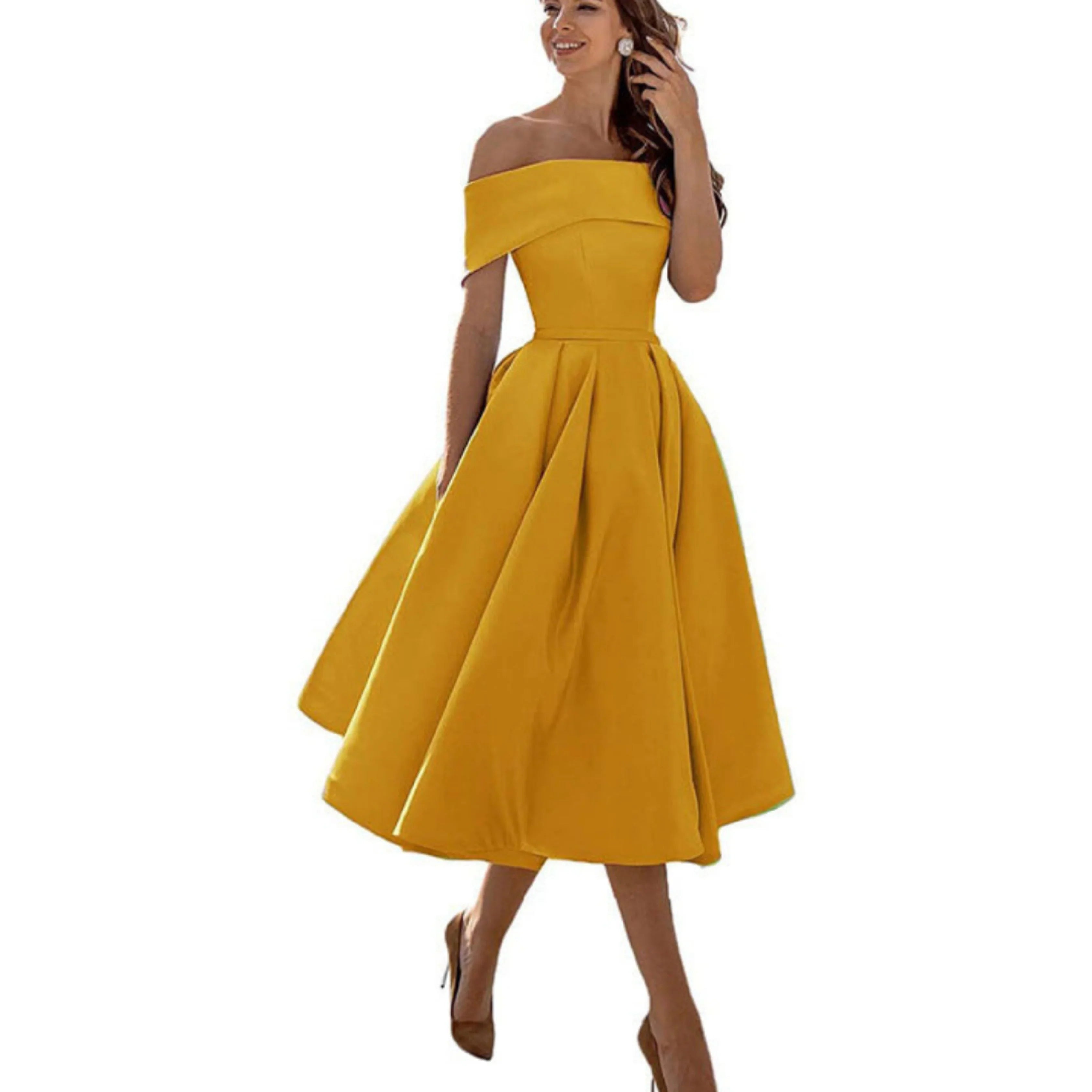 Off-Shoulder Evening Dress for Women with Midi Skirt