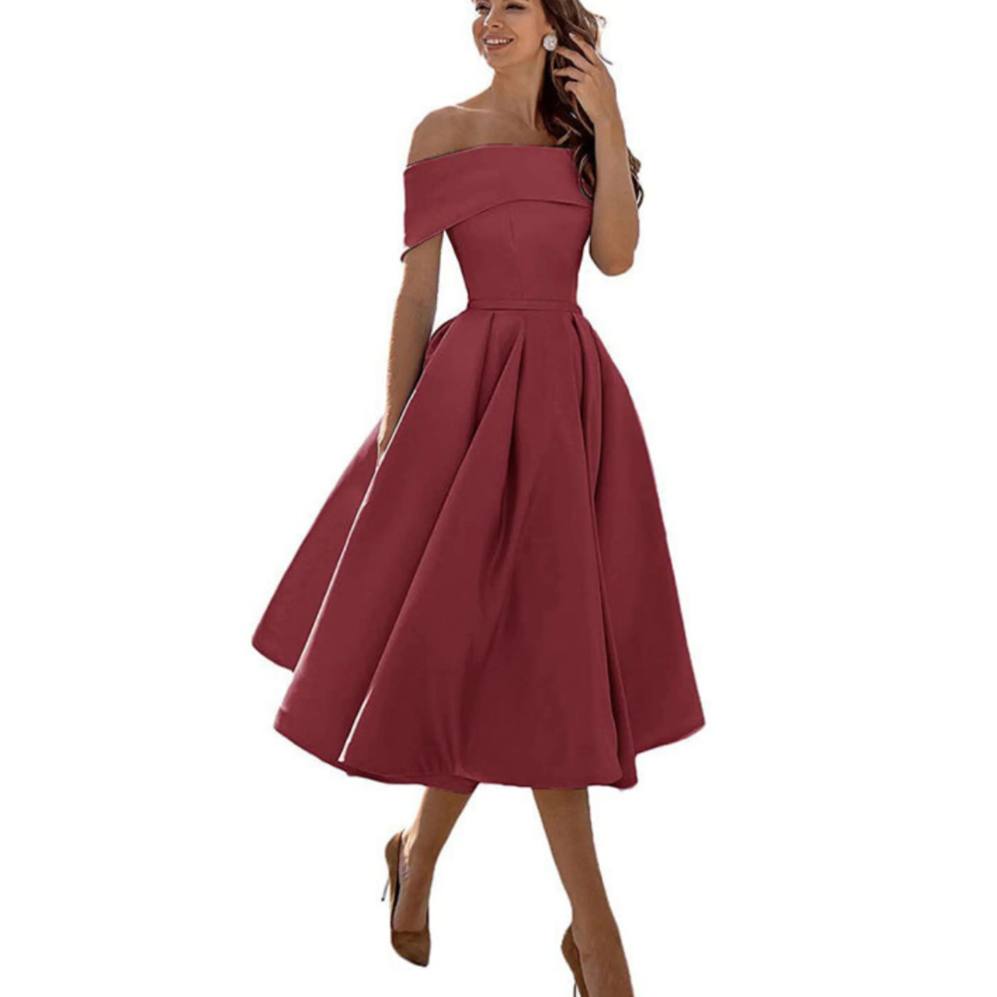 Off-Shoulder Evening Dress for Women with Midi Skirt