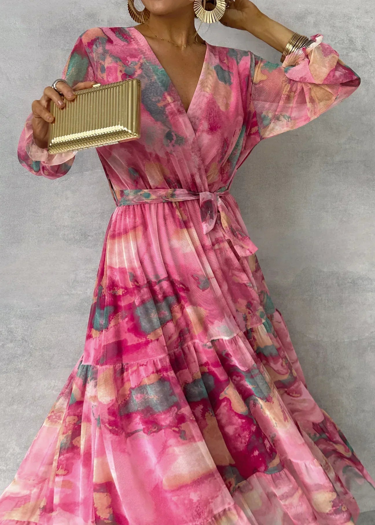 Fallon - Maxi wrap dress made of chiffon with colorful print