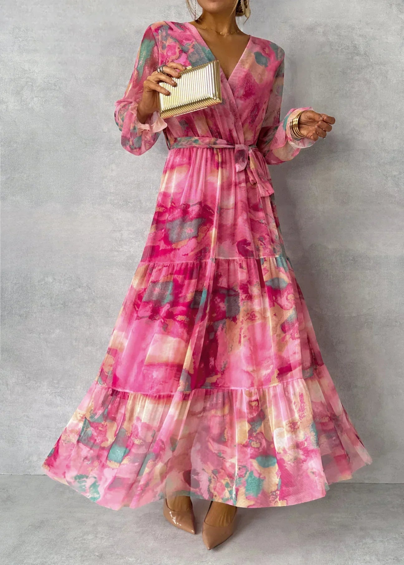 Fallon - Maxi wrap dress made of chiffon with colorful print