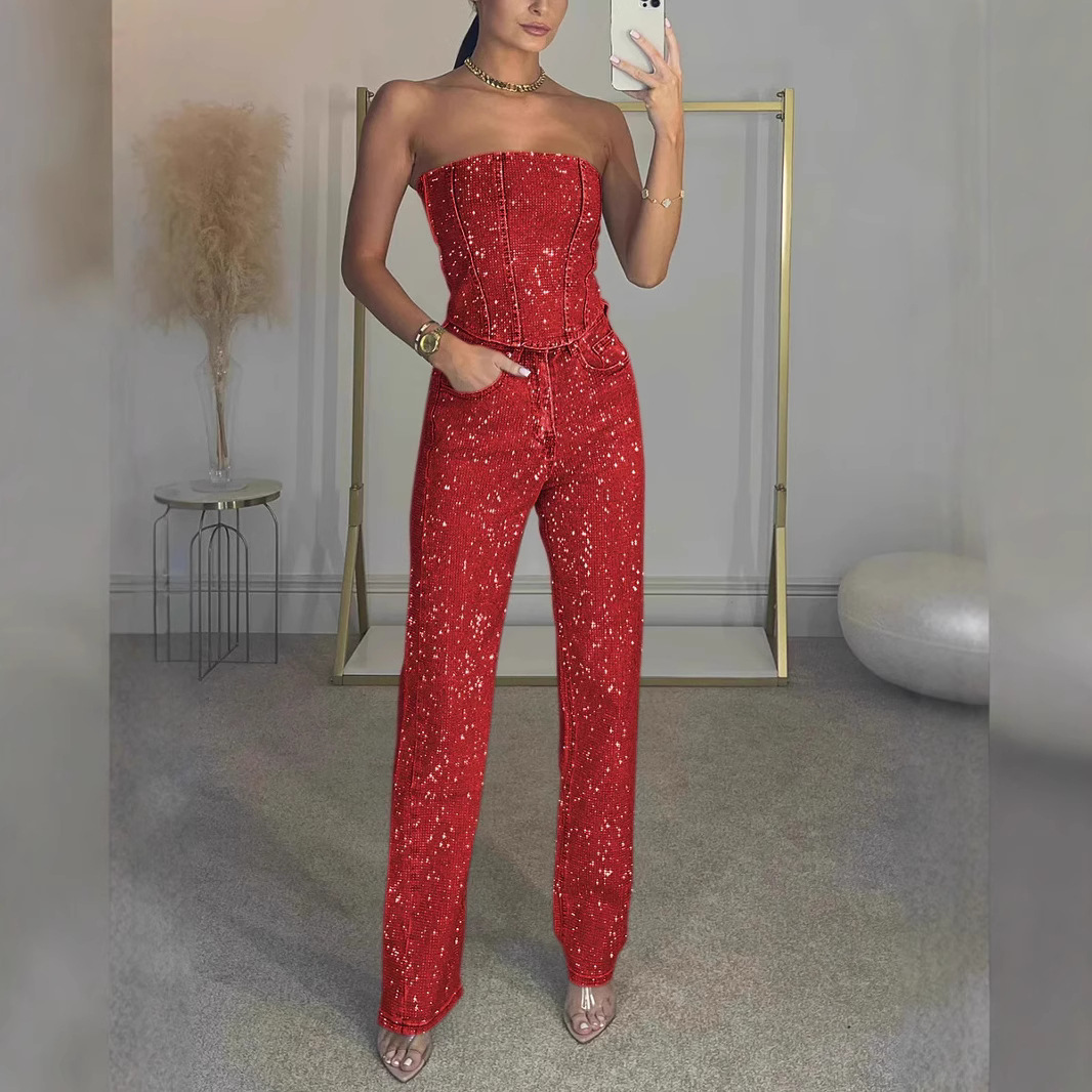 Women’s Glitter Set with Strapless Sequin Crop Top and Jeans