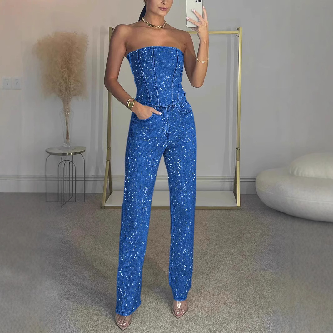 Women’s Glitter Set with Strapless Sequin Crop Top and Jeans