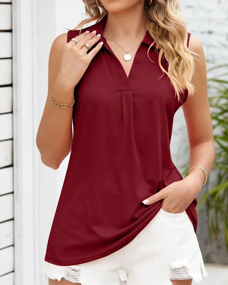 Lightweight Sleeveless Blouse for Women with Collar and V-Neck