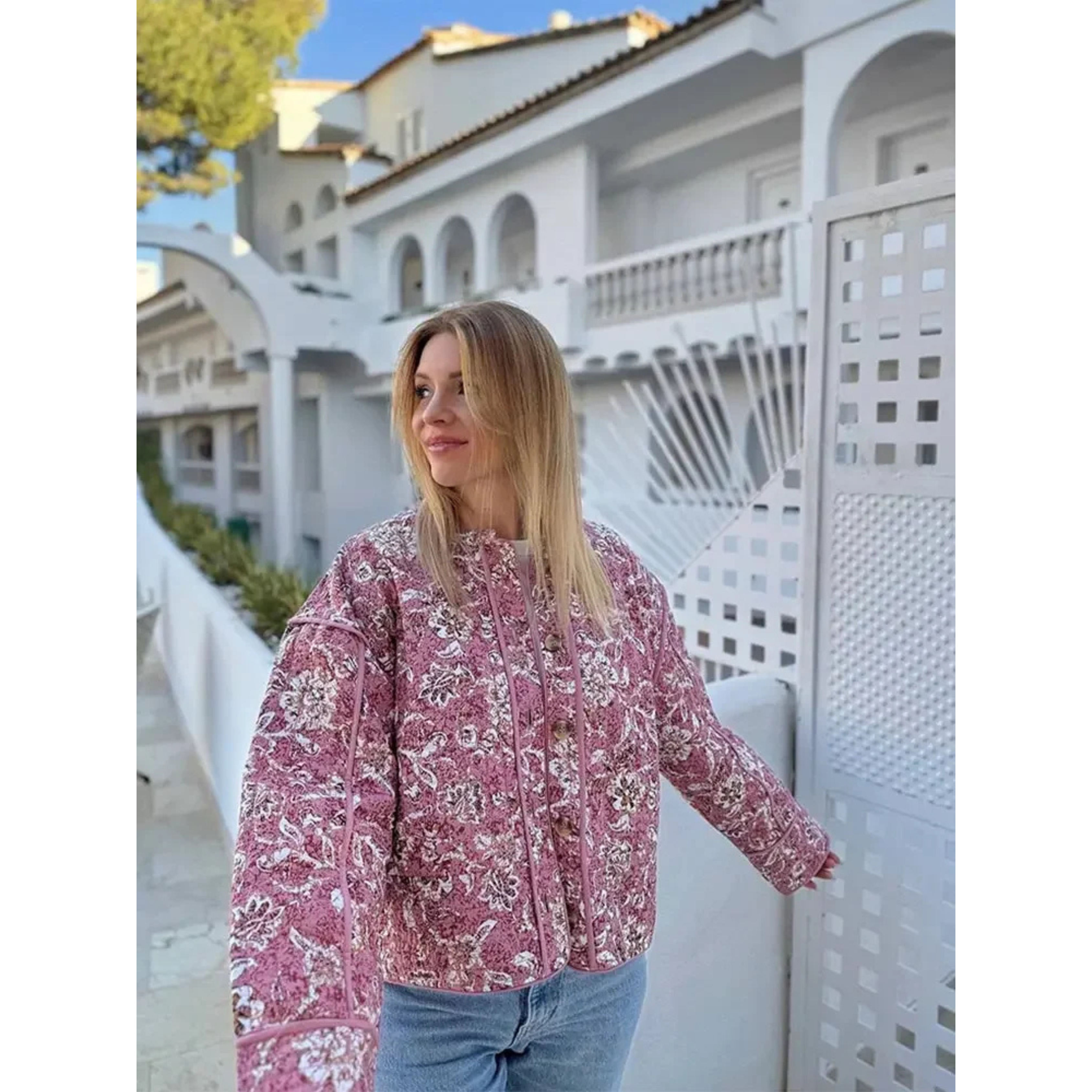 Pink Quilted Jacket with Floral Print and Short Fit