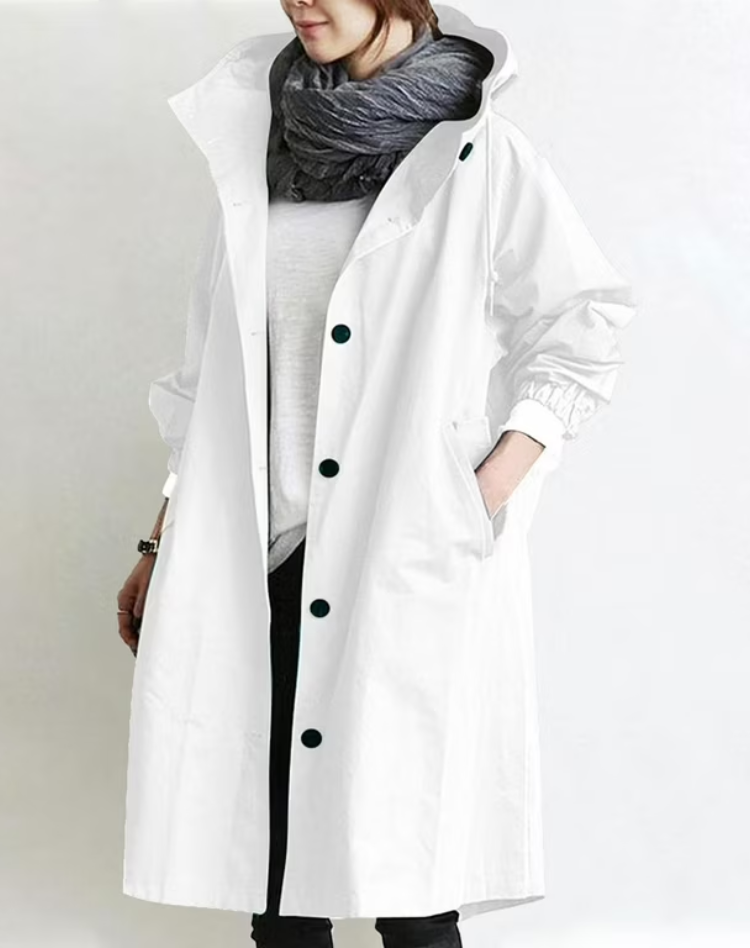 Waterproof Long Women's Trench Coat with Hood and Buttons