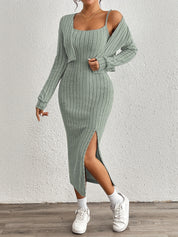 Trendy Fitted Midi Dress Set for Women with Short Vest and Slit