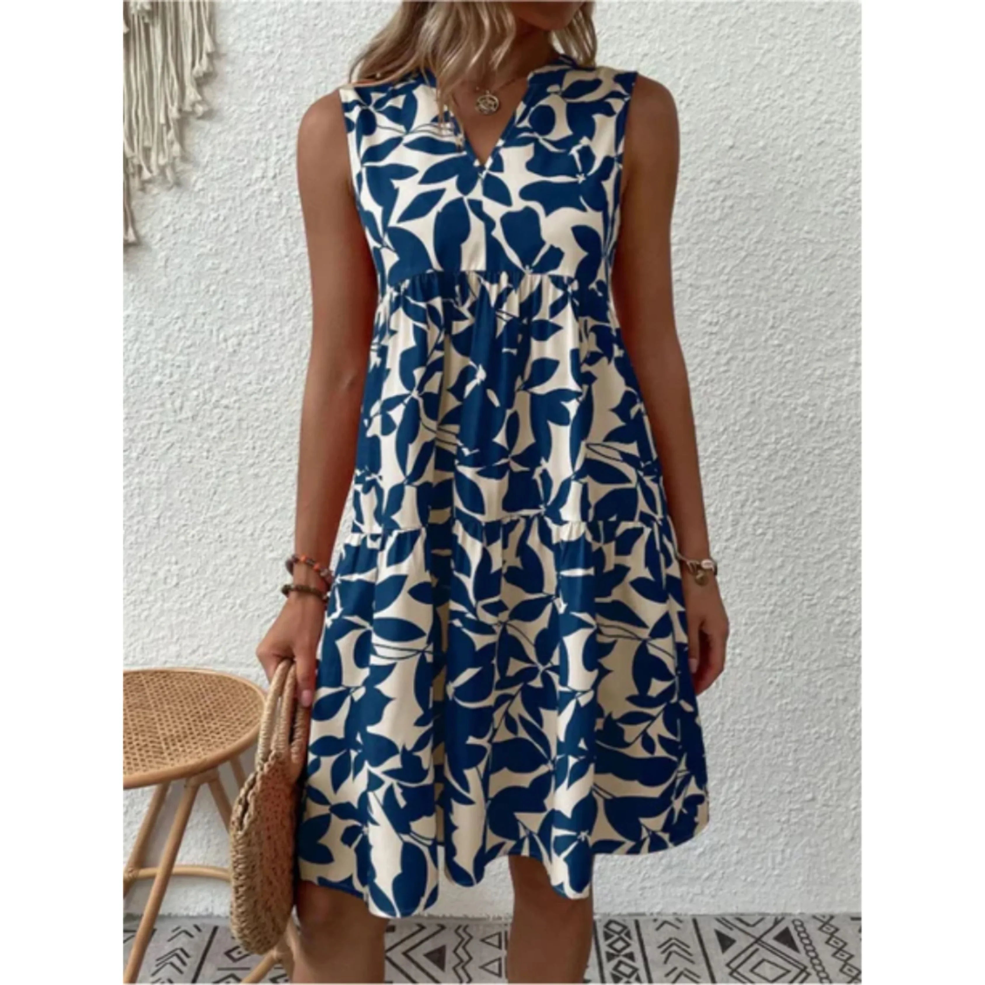 Summer Midi Dress with Print and V-Neck for Women