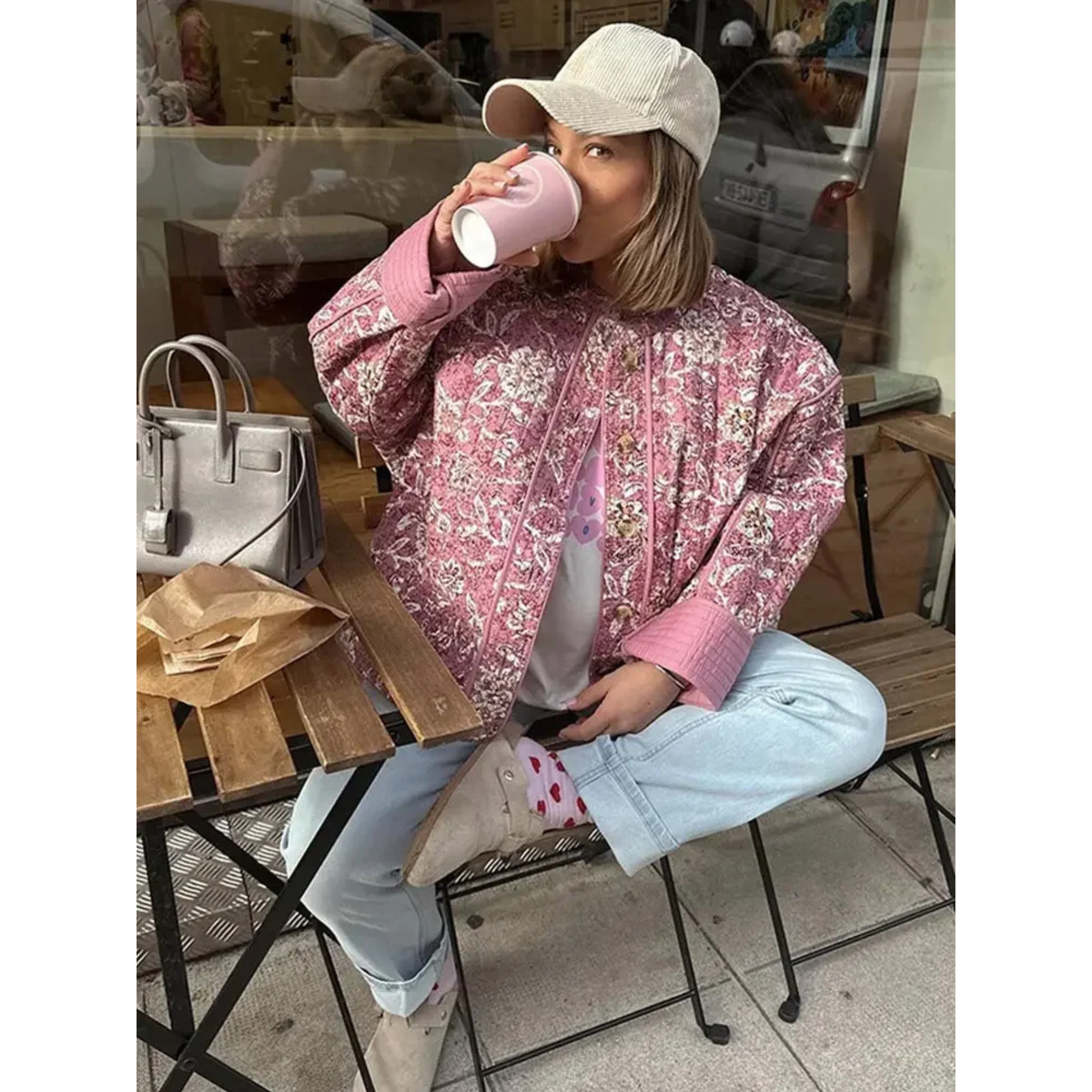 Pink Quilted Jacket with Floral Print and Short Fit