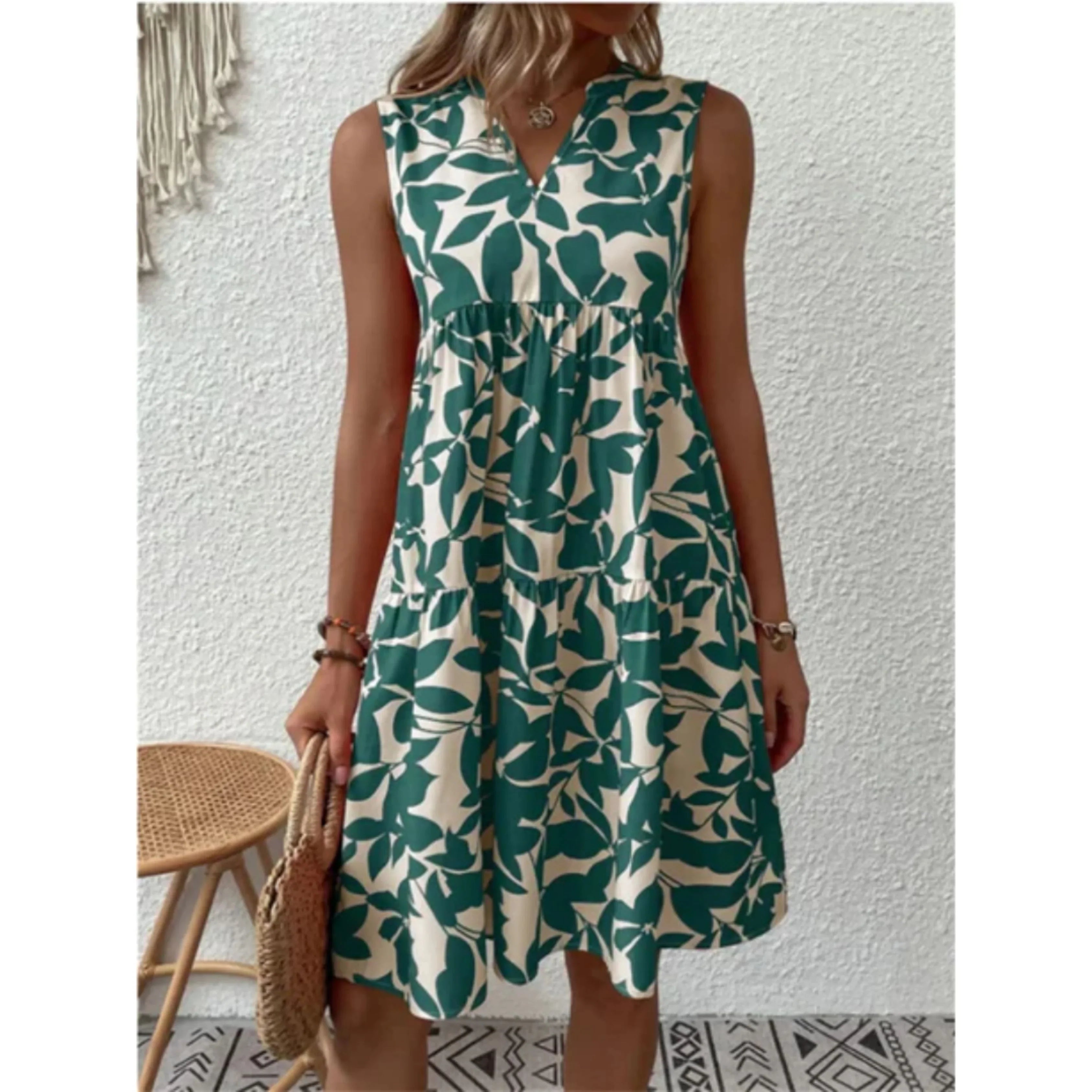 Summer Midi Dress with Print and V-Neck for Women