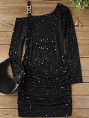 Glitter Bodycon Mini Cocktail Dress for Women with Asymmetric Neckline and Ruching