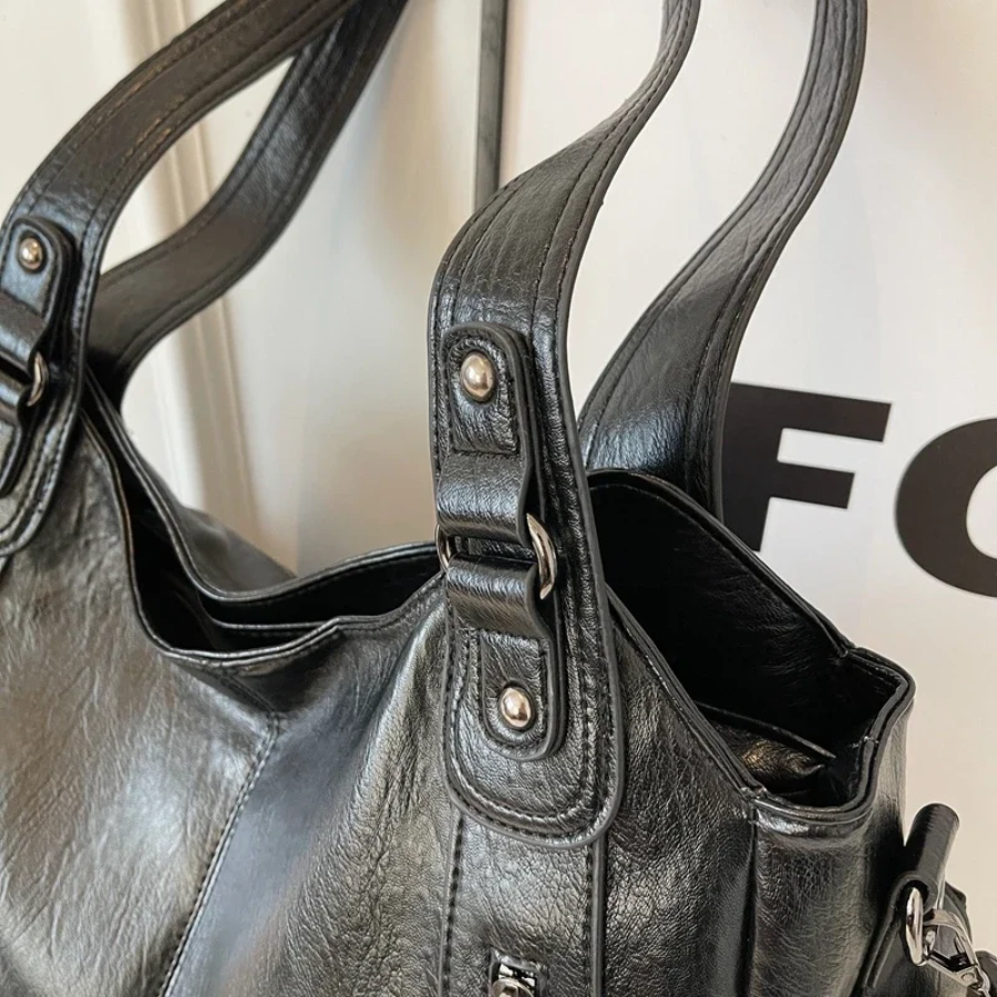 Women’s Leather Shoulder Bag with Zipper Pockets and Double Handles