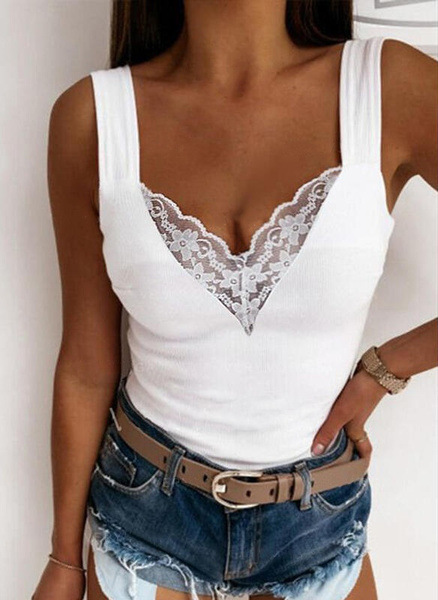Lace Top with V-Neck and Wide Straps for Women