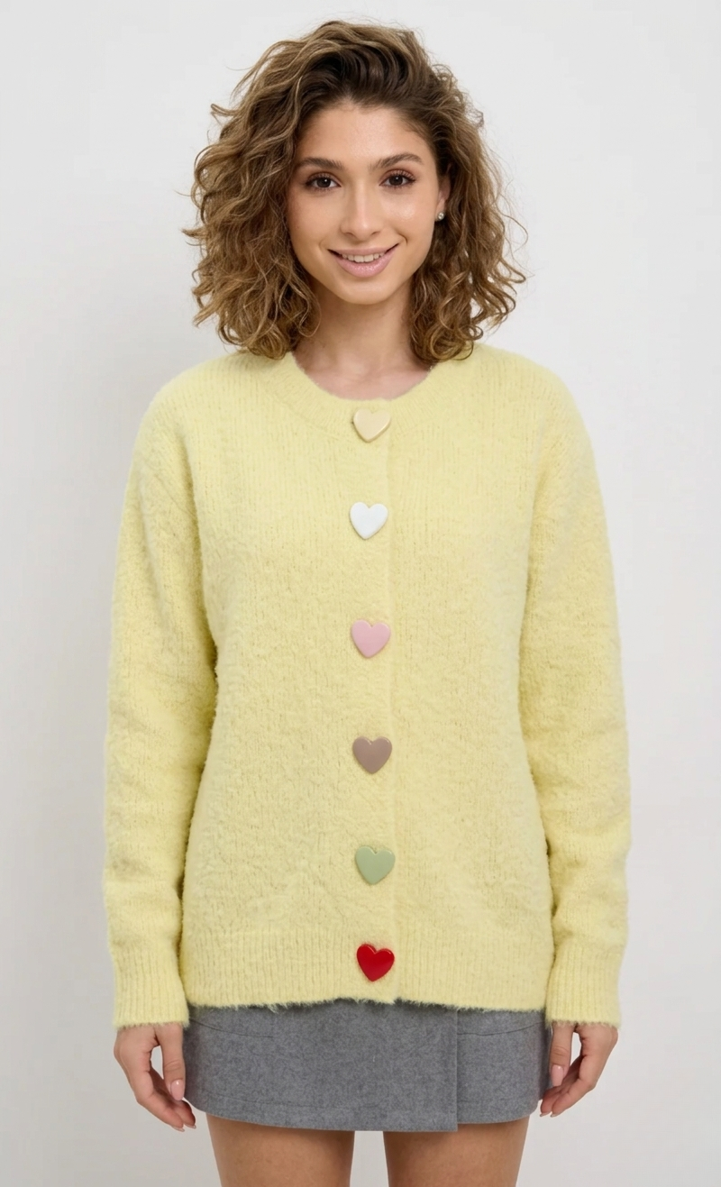 Yellow Soft Knitted Cardigan for Women with Heart-Shaped Buttons