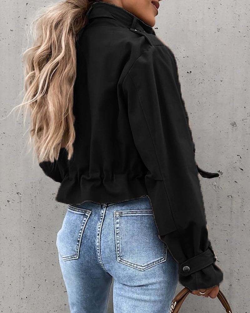 Women's Cropped Bomber Jacket with Pockets, Drawstring, and High Collar