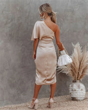 Cocktail Dress with One Shoulder and Draped Midi Skirt