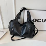 Women’s Leather Shoulder Bag with Zipper Pockets and Double Handles