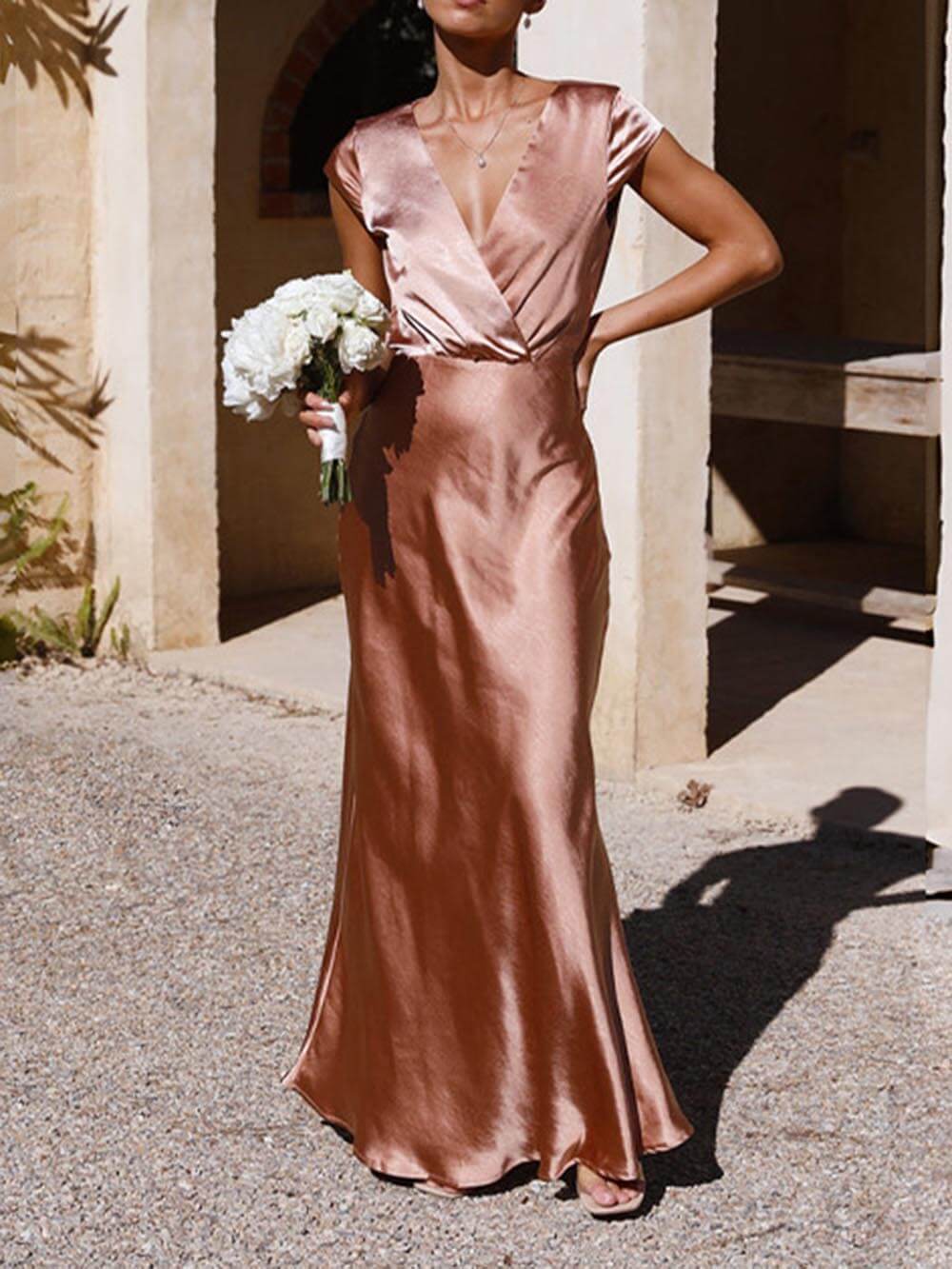 Luxury Satin Maxi Dress with Wrap Neck and V Neckline for Women
