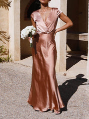 Luxury Satin Maxi Dress with Wrap Neck and V Neckline for Women
