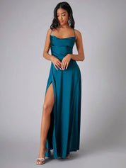 Maartje - Satin evening dress with high slit and open back