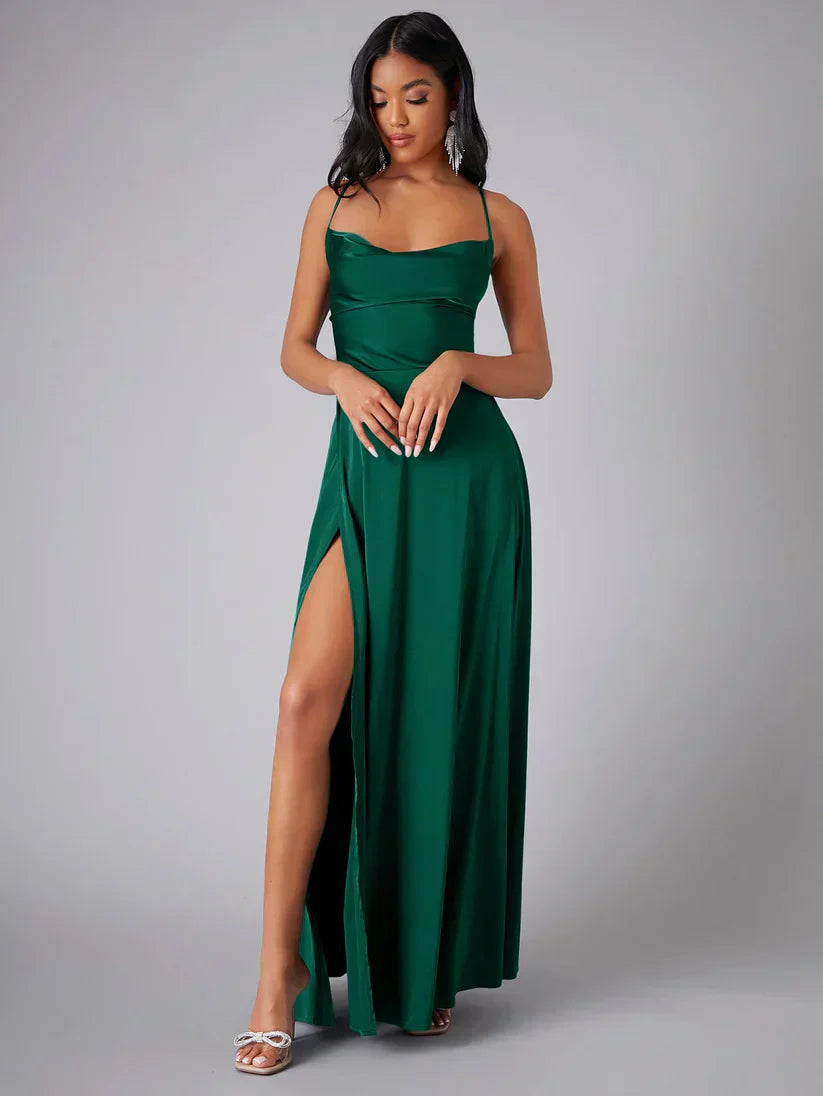 Maartje - Satin evening dress with high slit and open back