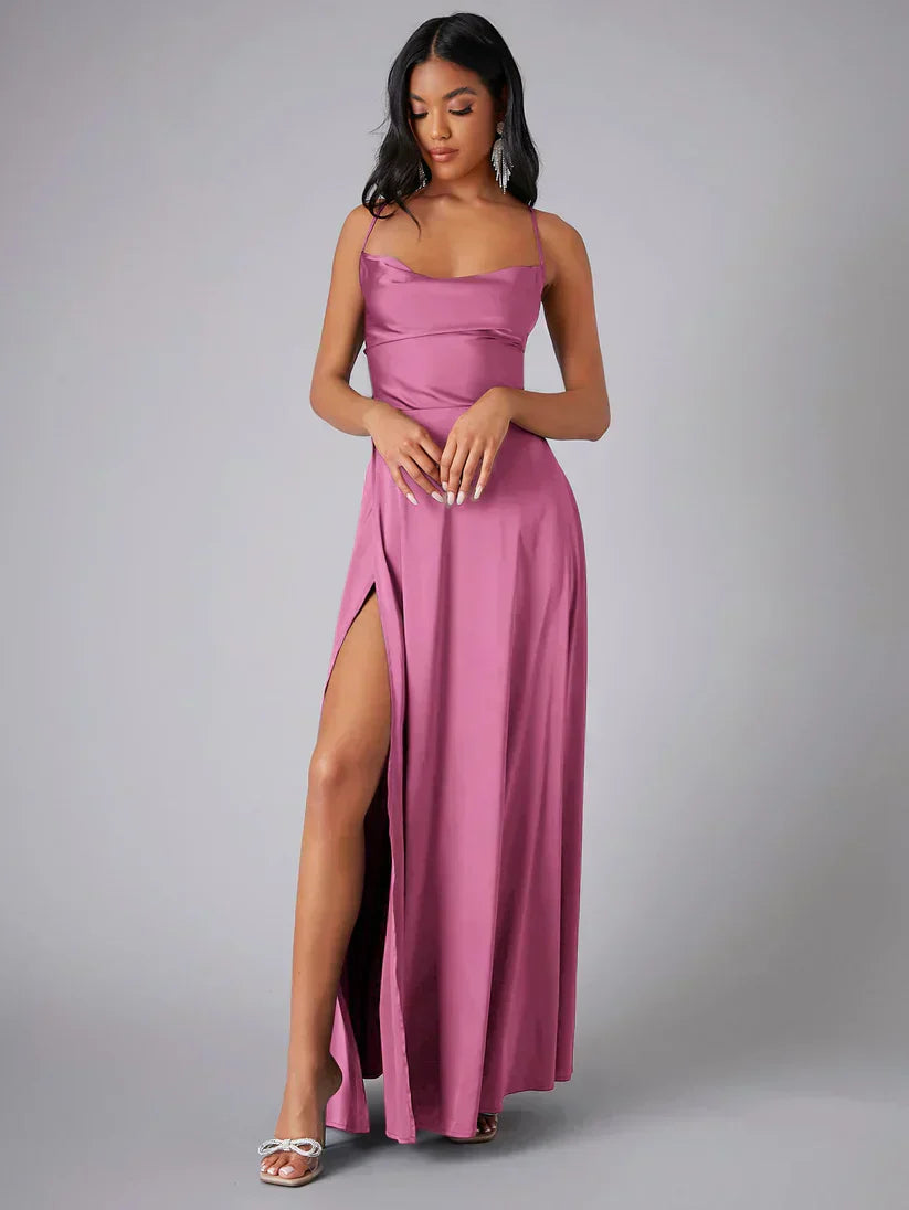 Maartje - Satin evening dress with high slit and open back