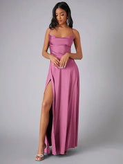 Maartje - Satin evening dress with high slit and open back