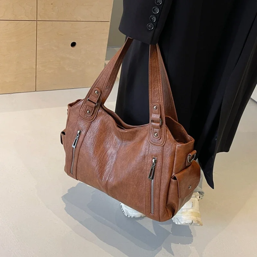 Women’s Leather Shoulder Bag with Zipper Pockets and Double Handles