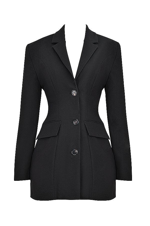 Jara – Black Fitted Mini Blazer Dress with Lapels and Flap Pockets