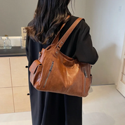 Women’s Leather Shoulder Bag with Zipper Pockets and Double Handles