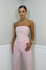 Strapless Glitter Co-ord Set with Straight Pants for Women