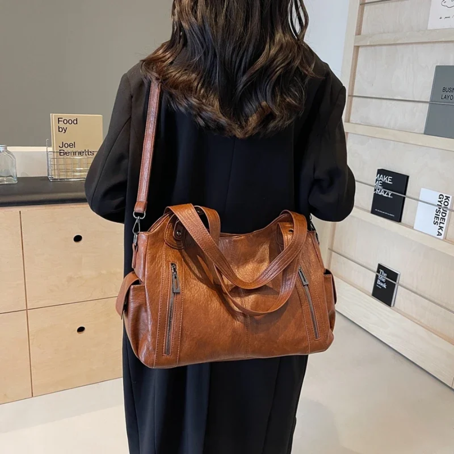 Women’s Leather Shoulder Bag with Zipper Pockets and Double Handles