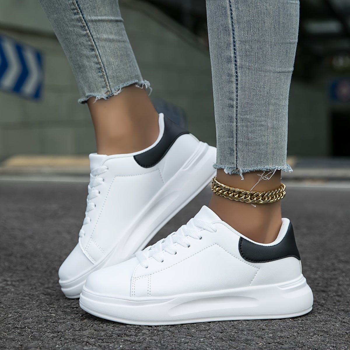 Minimalist White Sneakers With Thick Sole For Women