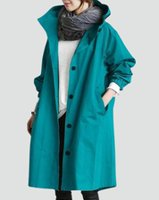 Waterproof Long Women's Trench Coat with Hood and Buttons