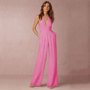 Elegant Wide-Leg Jumpsuit for Women with Halter Neck and Open Back