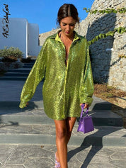 Women's Oversized Sequin Blouse with Long Sleeves